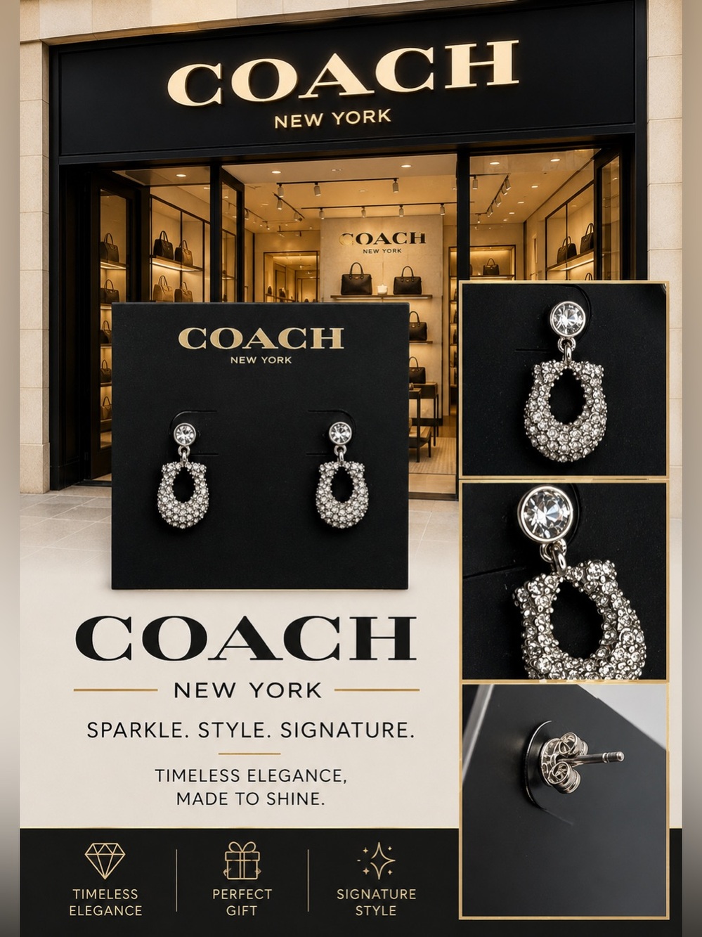 Coach Pave Crystal Earrings - NWOT